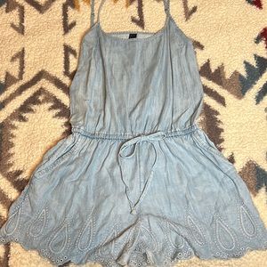 GAP light blue denim embroidered romper
